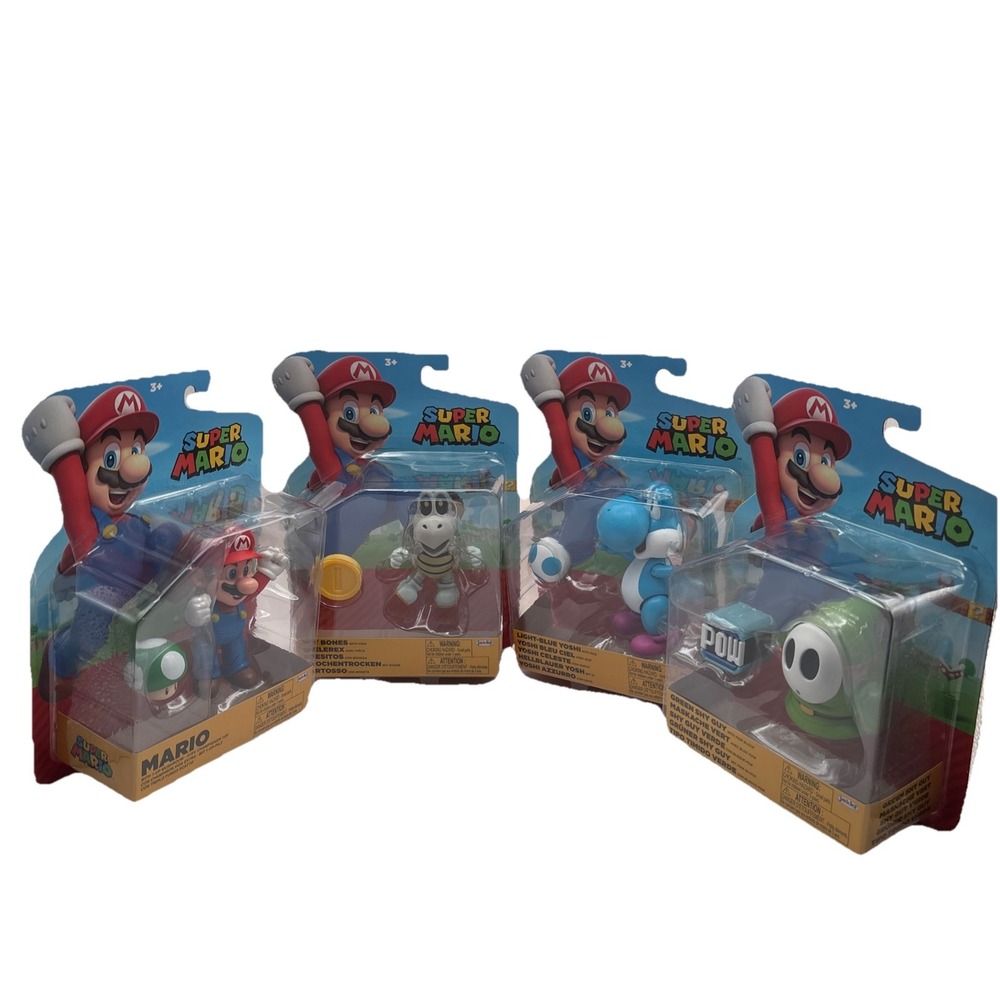 Super Mario 4" Action Figures - Mario Dry Bones‎ Light Blue Yoshi Green Shy Guy